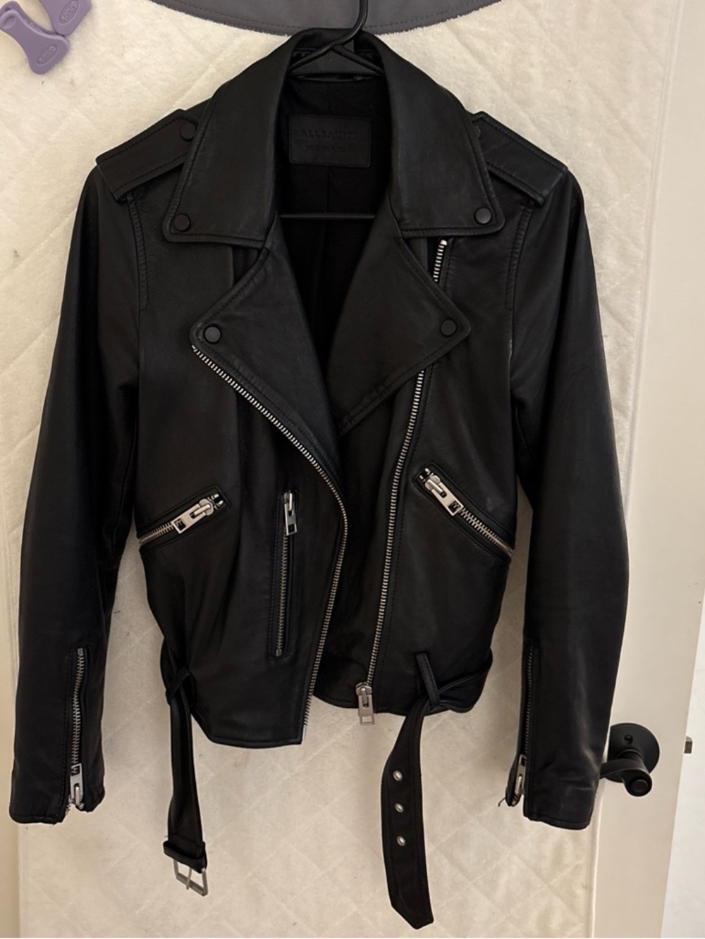 AllSaints Black Leather Biker Jacket with Belt sz. 4